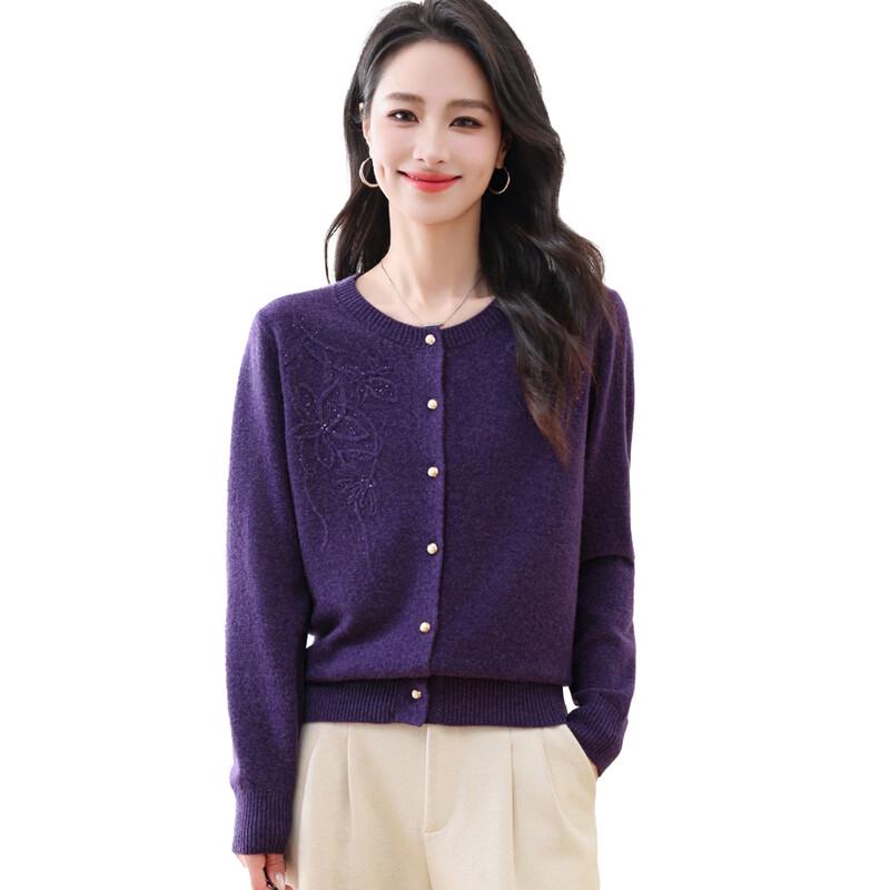 Hengyuanxiang Women's 100% Wool Retro Jacquard Rhinestone Cardigan