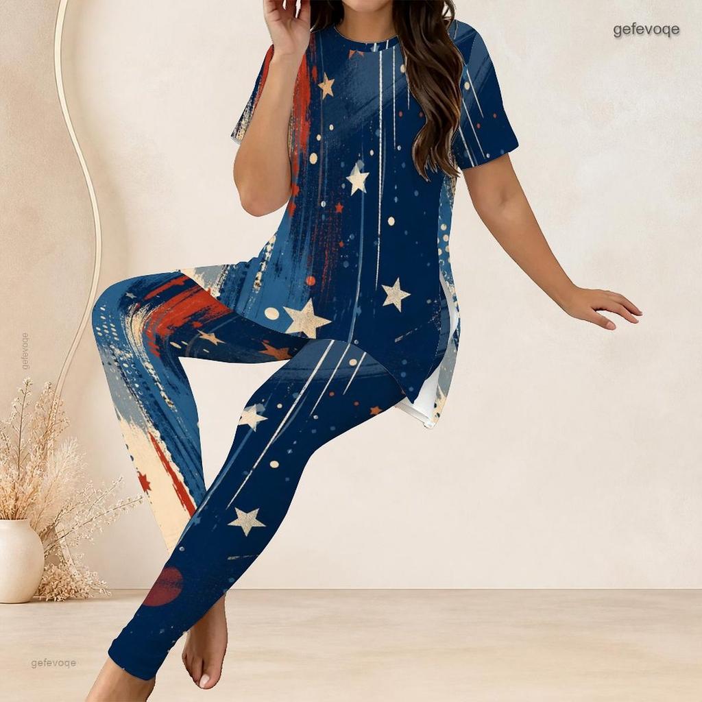 Women Plus Size Round Neck Short Sleeve Red Blue Printed Side Split Top Fitted Pants Two Piece Set