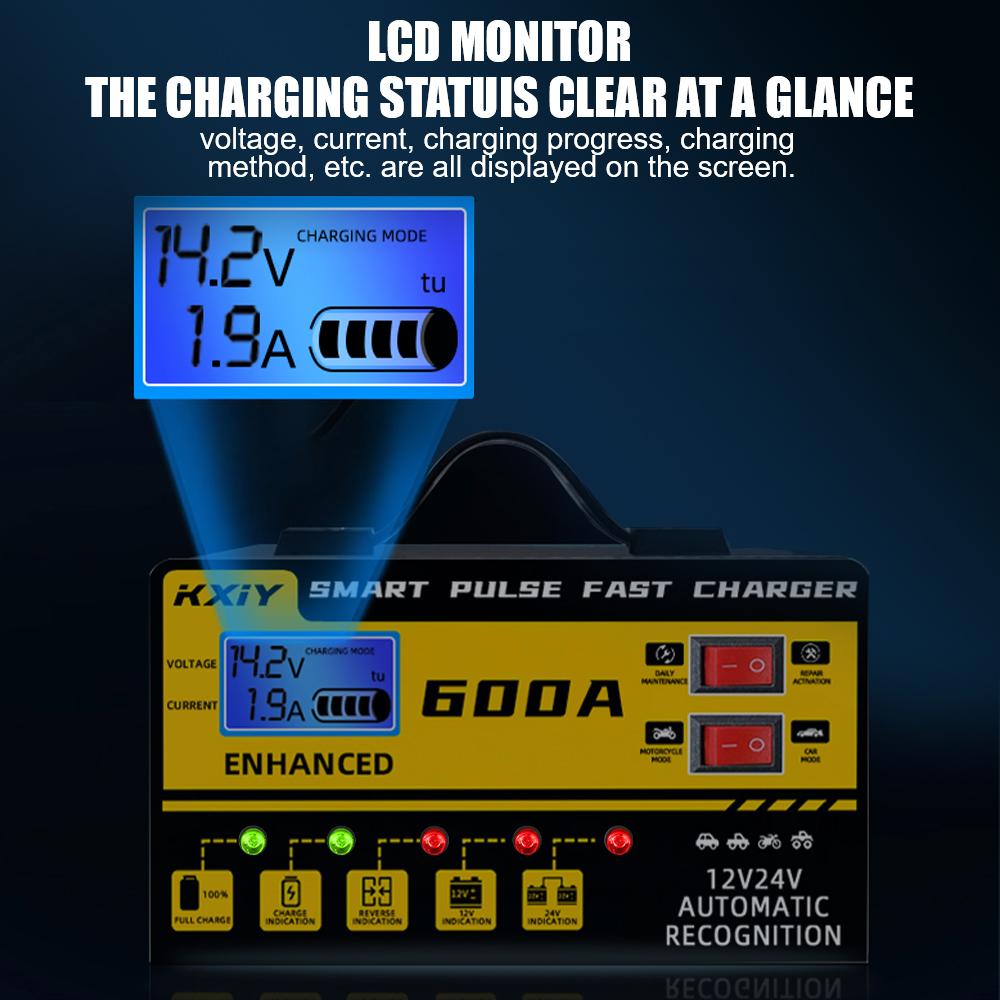 Voltage Temperature Detection Automatic Stop 12V 24V 600A EU/US Plug Intelligent Pulse Repair Car Battery Charger Digital LCD Display