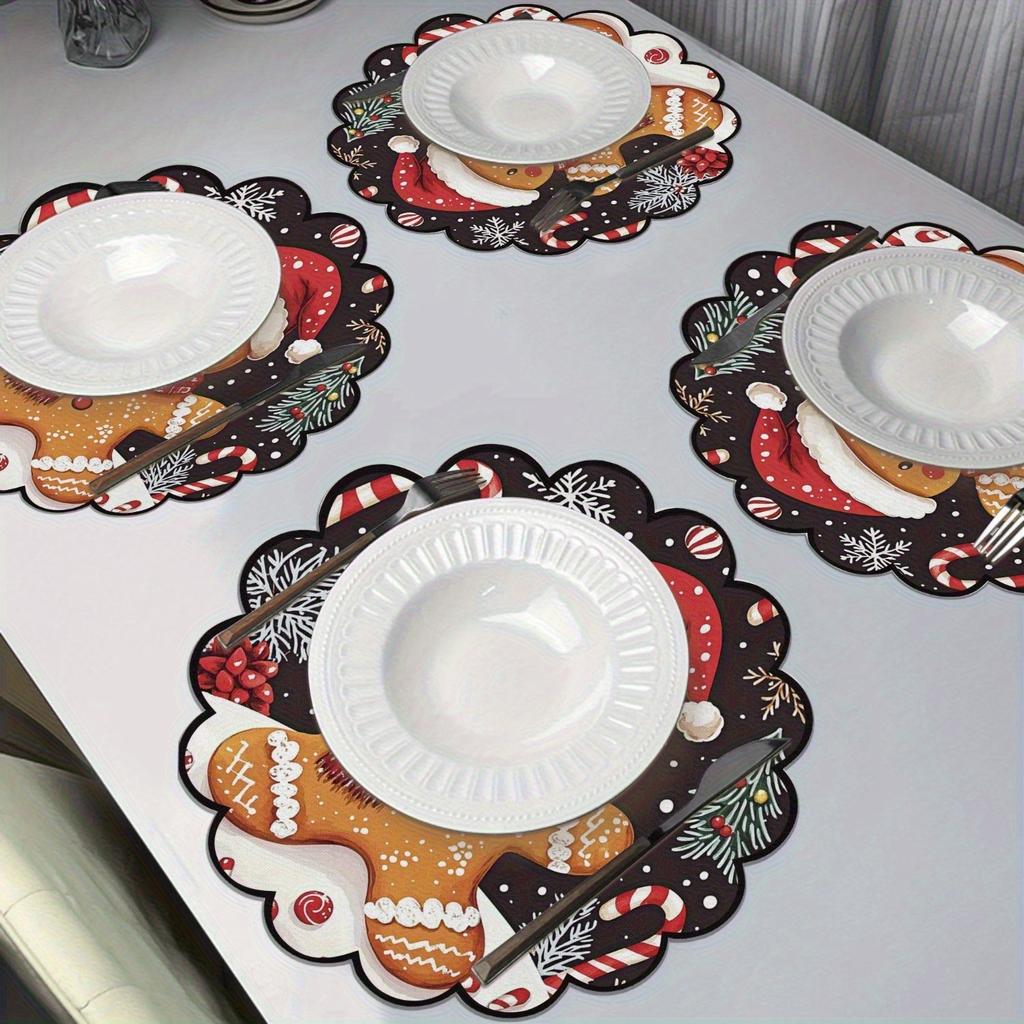 4pcs Winter Gingerbread Pattern Man Placemats Round Non-Slip Table Mats Heat-Resistant Winter Dining Christmas Party Decoration
