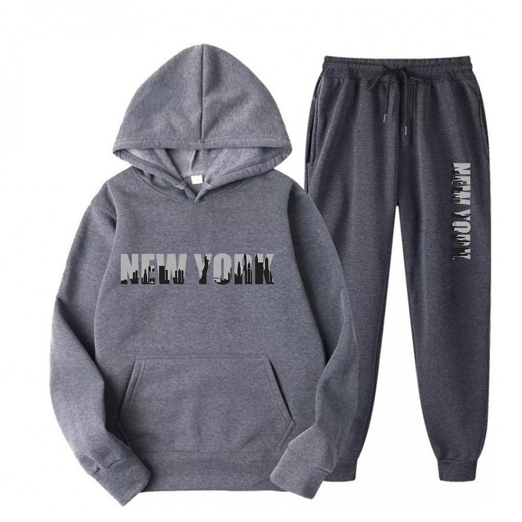 New Fleece Women's Casual Sportswear Hooded Sweatshirt Two-piece Set Casual Set European and American Trendy Brand Men's Loose Fit