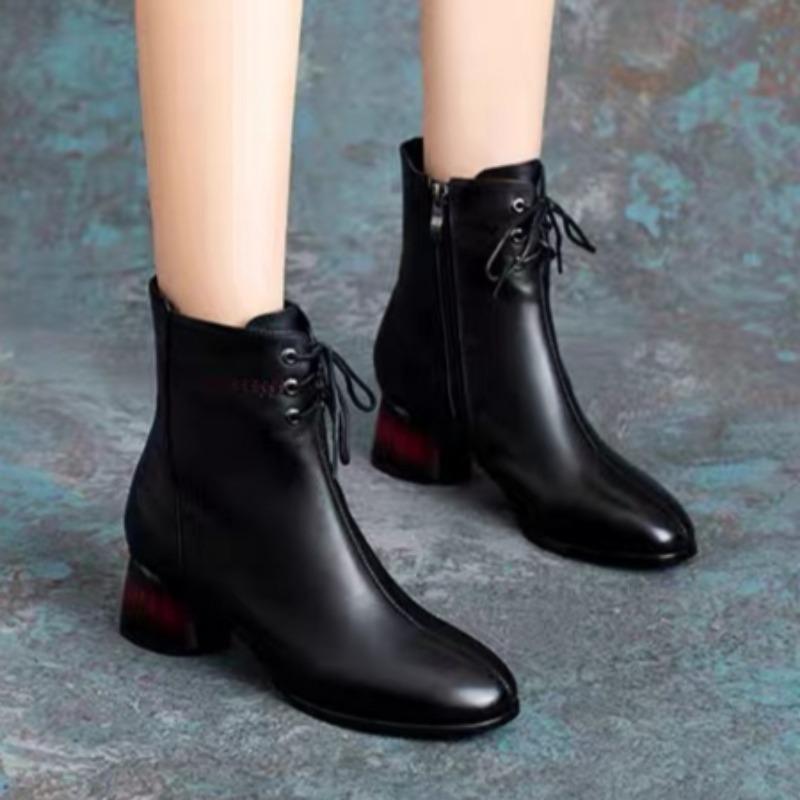 fashion Women Pointed Toe Ankle Boots Brand New Mid Heels Leather Shoes Casual Walking Shoes Woman Winter 2024 Trend Lace Up Botas Mujer