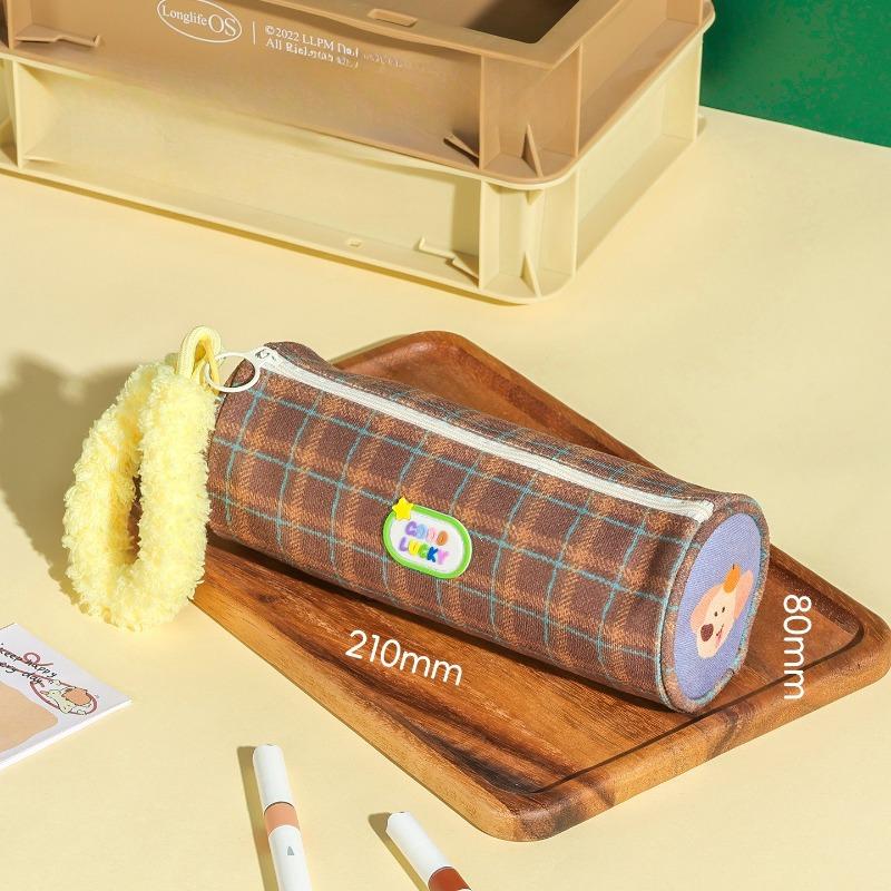 Cute Plush Portable Striped Cylinder Party Pencil Bag Plaid High-value Dirt-resistant Stationery Bag