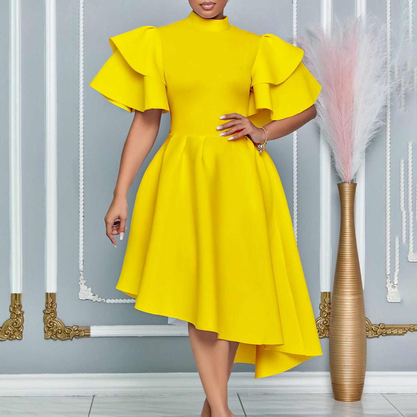 

2026 New Party Dresses Woman O Neck Ruffles Sleeve High Waisted Plus Size Xxxl Mid Calf Luxury Dress S жёлтый