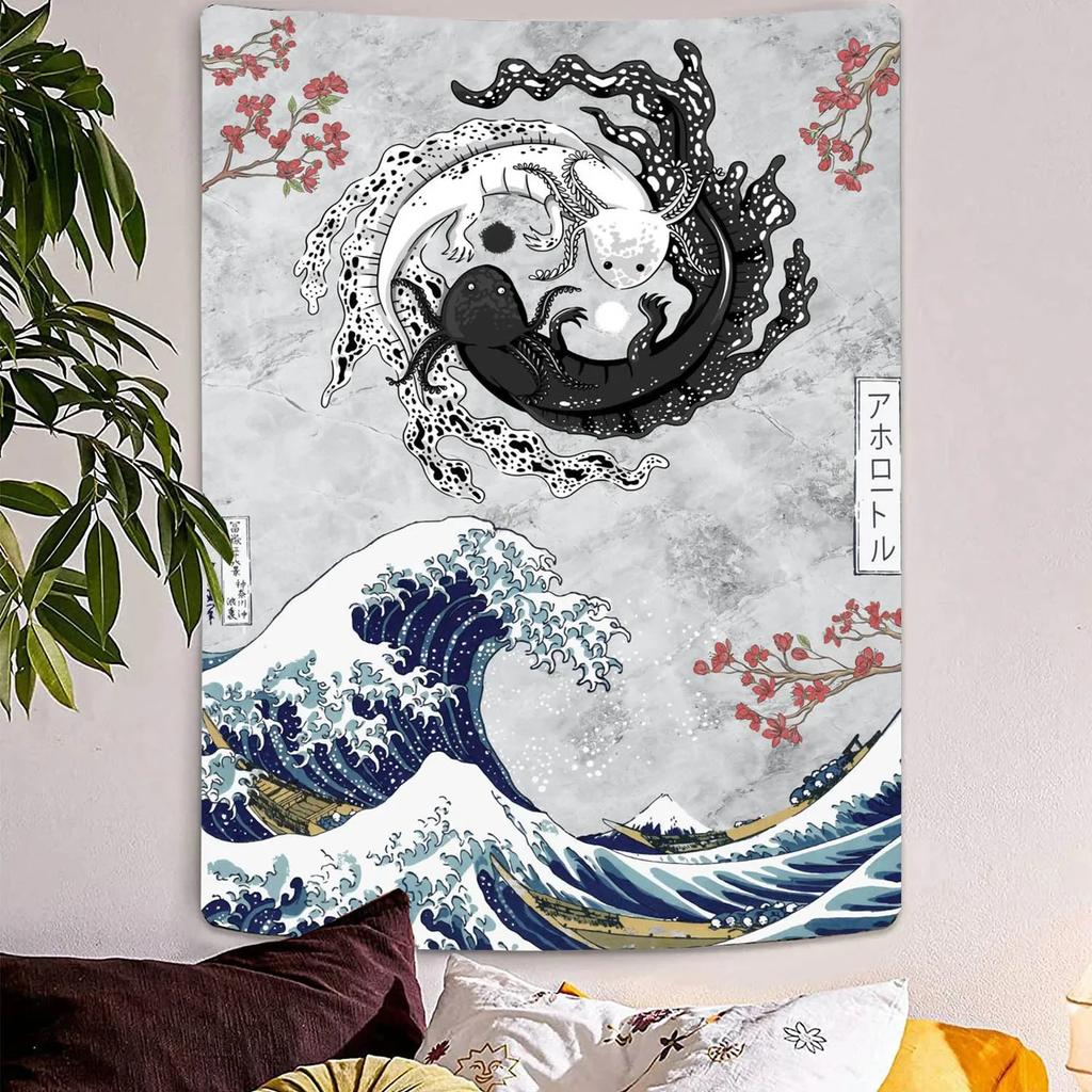 VIKAMA Japanese Wabi Sabi Tapestry Black White Koi Cherry Blossoms Fuji Boho Wall Hanging Home Office Decor
