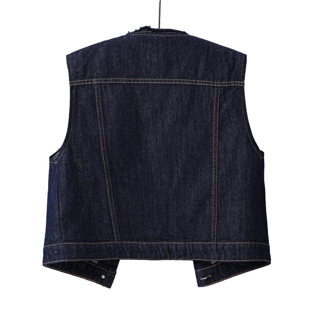 Rounded-neck Women's Denim Vest with Fringes, Short Blazer, Casual and Retro Fitted Sleeveless Pullover