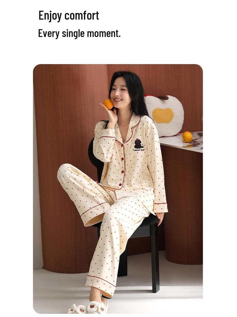 Women's Pure Cotton Pajama Set with Chest Pad, Long Sleeve Cardigan, and Lapel - Spring/Autumn 2025 Style.