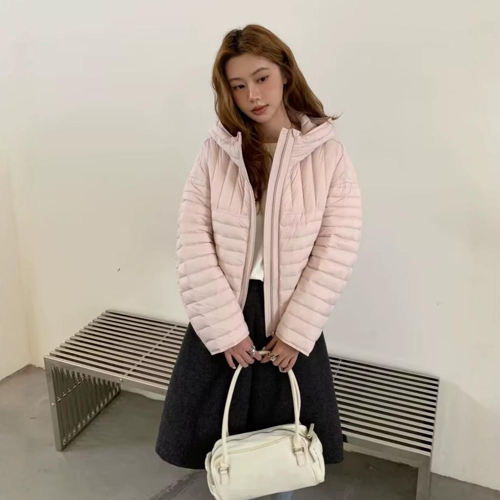 White duck down ribs light puffs hooded down jacket women's new loose and thin versatile warm jacket