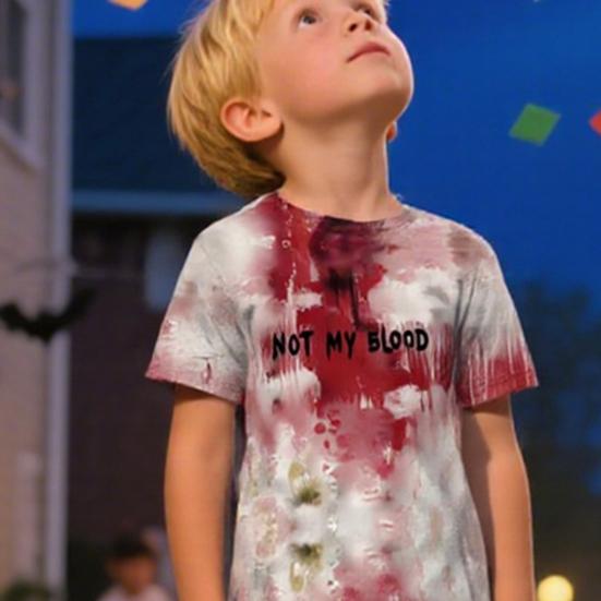 Kids Halloween T-shirt Blood Stain Print Tee Shirt Spooky Crew Neck Short Sleeve T-shirt for Horror Themed Party Costume Street Wear