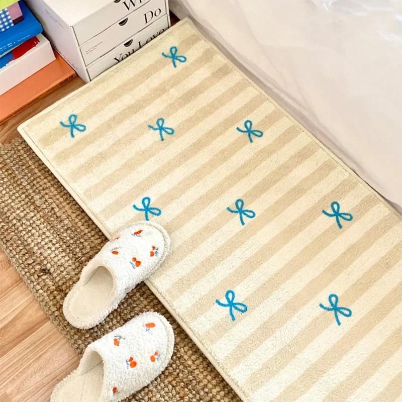 Bedroom Bedside Floor Mat Soft Fluffy Carpet Blue Stripes Long Carpets Bow Cute Home Decoration Rug Alfombra Del Dormitorio