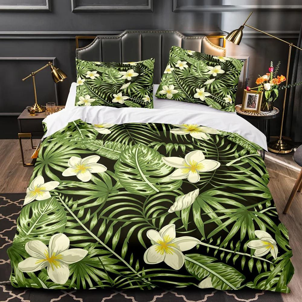 Tropical Plants Floral King Queen Duvet Cover Green Palm Leaves Bedding Set Cream-Colored Flowers 2-3Pcs Polyester Quilt Cover