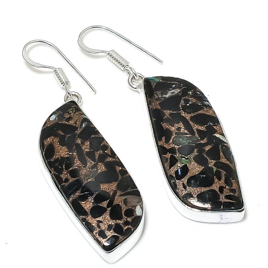 

Этнические ювелирные серьги ручной работы с медным черным турмалином и драгоценным камнем 2,17 дюйма SR-7411