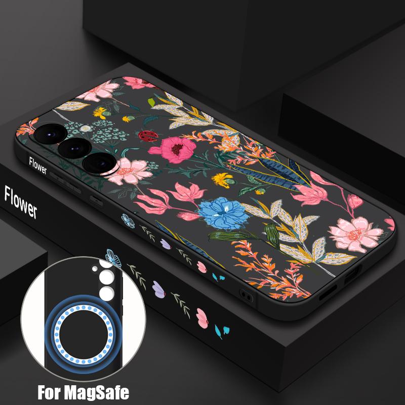

Colorful Floral Case For Samsung Galaxy S26 S25 Ultra S24 S23 FE S22 Plus S21 Built-in Metal Plate Magnetic Silicone Cover Samsung S26 чёрный