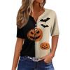 Women Casual V Neck Short Sleeve Button Front T Shirt Halloween Pumpkin Bat Print Split Design Top
