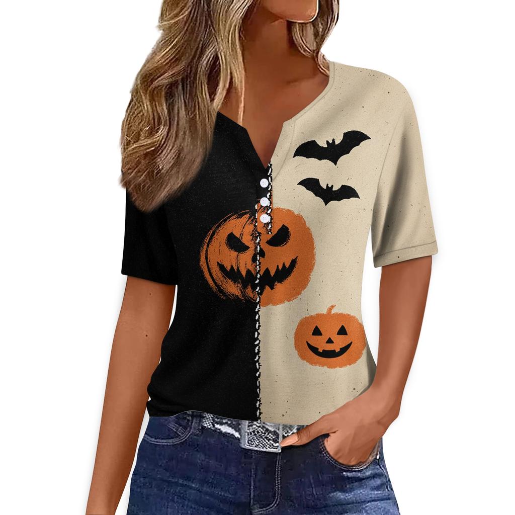 Women Casual V Neck Short Sleeve Button Front T Shirt Halloween Pumpkin Bat Print Split Design Top