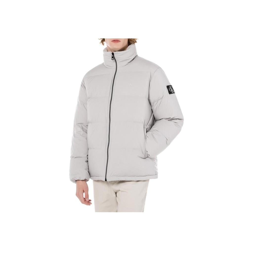 Calvin Klein Logo Print Stand Collar Loose Warm Down Jacket Men Outerwear Lead-Gray J323229-PEE