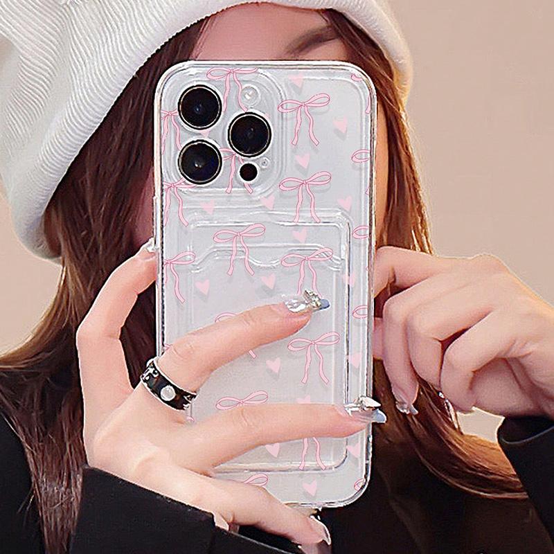 Transparent Card Slot Bag Holder Wallet Case For iPhone 16 15 14 Pro Max 13 12 11 XS X XR 7 8 Plus SE 2022 With Bow Print Cover