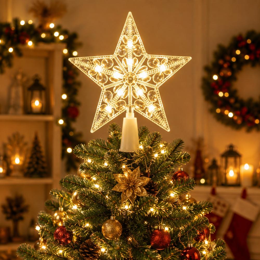 Warm White Christmas Tree Topper Transparent Five Point Star Topper Festive Decorations