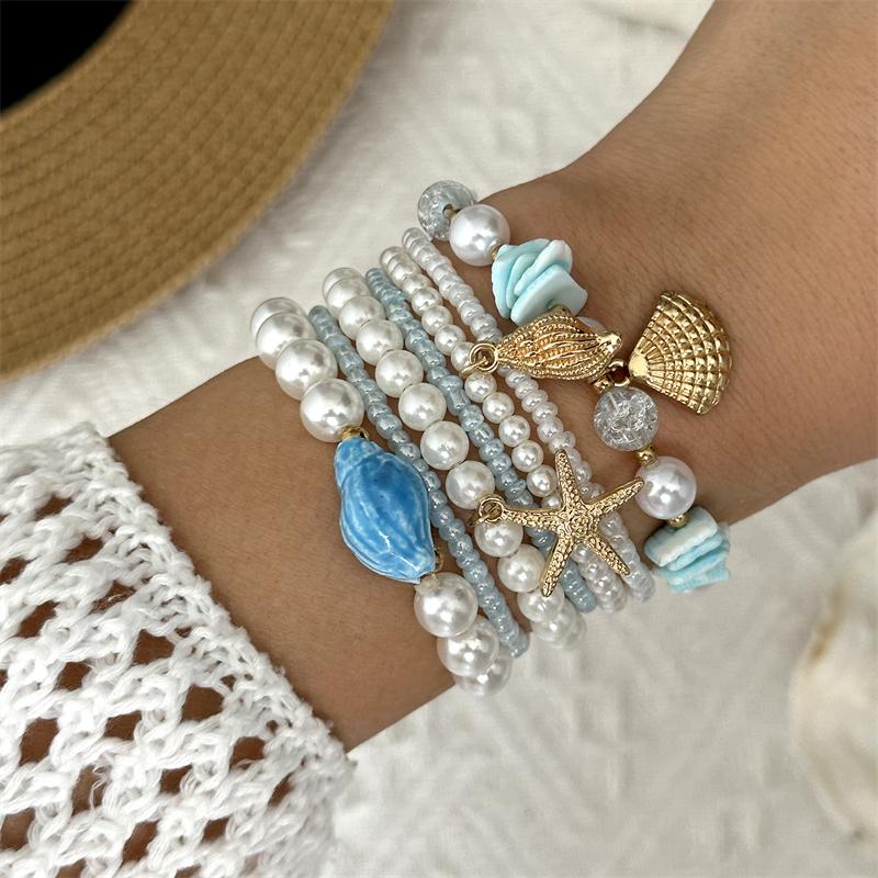 Mermaidcore Aesthetic Blue Shell Pearl Bracelet Set for Women Y2K Trendy Summer Beach Gold Color Starfish Charm Boho Jewelry