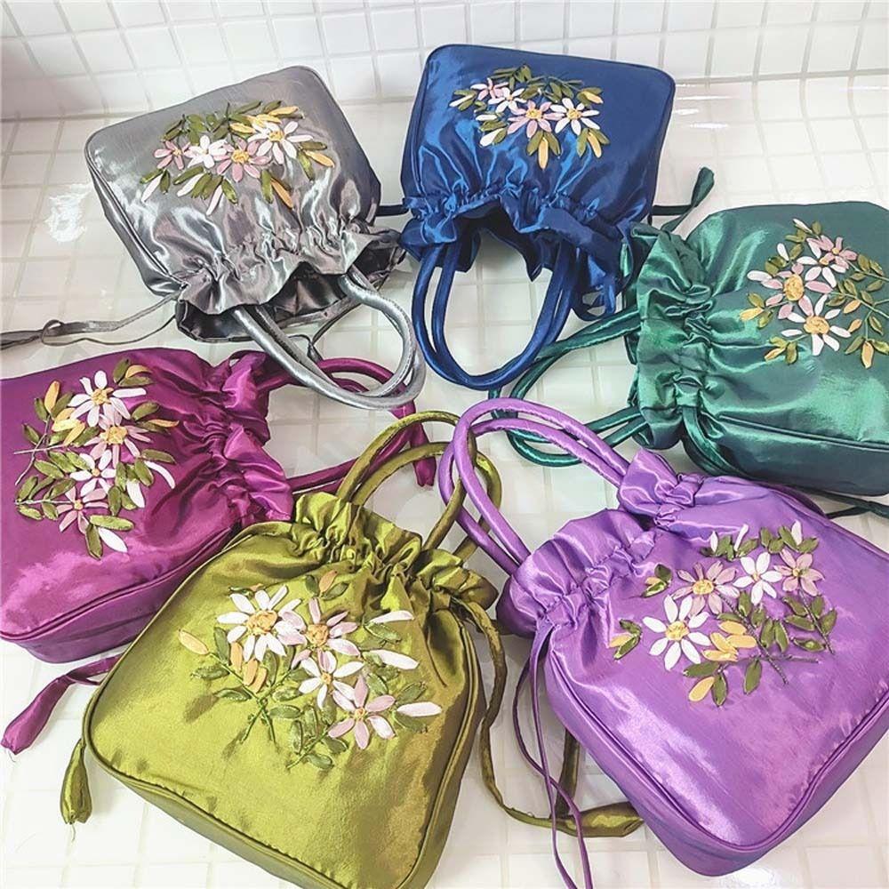 Ethnic Style Hanfu Drawstrings Bag Leaf Small Purse Wallet Embroidery Flower Handbag  Shopping