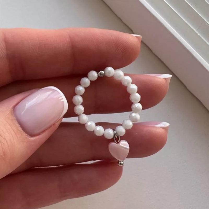 

1PC Vintage Originality String of Beads Elastic Cord Heart Shape Shell Pendant Rings for Women Elegant Simulated Pearl Jewelry белый