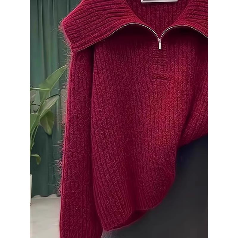 Women's Oversized Knitted Sweater with Large Lapel - Winter 2025 Long Sleeve Plus Size