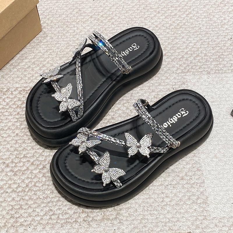 

Фея ветер маффин толстая подошва крутые тапочки женские уличные 2025 лето новый круглый нос ремешок со стразами два способа носки сандалии на плоской подошве 40 чёрный