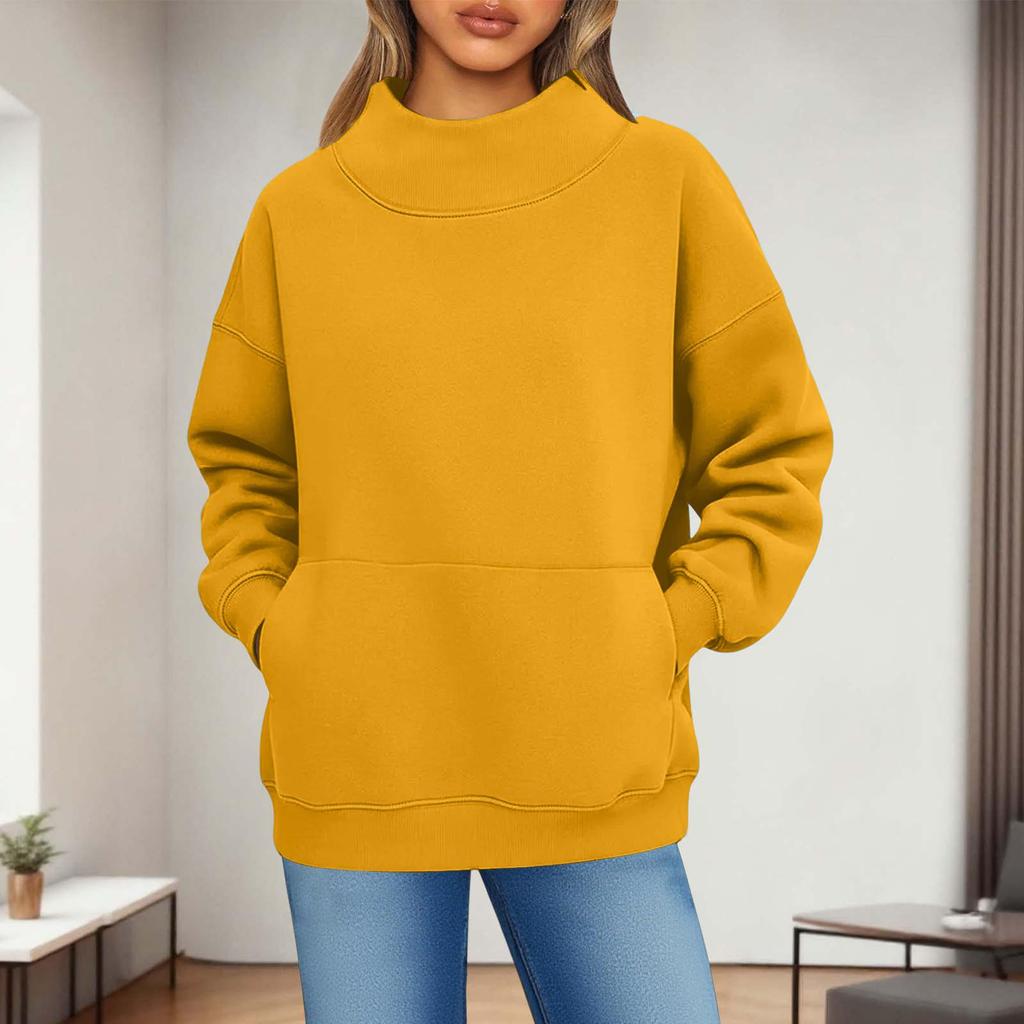 Damen Modisch Lässig Einfarbig Rundhals Langarm Tasche Sportlich Lässig Pullover Sweatshirt Top