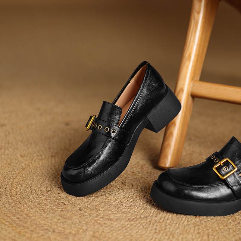 Krazing Pot Cow Skin Autumn Winter Shoes Chunky Heels Size 43 Size 42 Round Toe Slip on Metal Buckle Deep Mouth Pumps