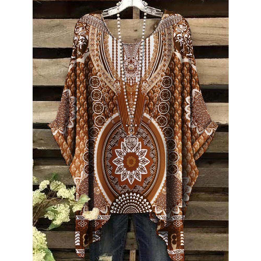 Women T-Shirts Bohemian Vacation Simple Pattern Print Tops Irregular Hemp Round Neck Fashion Versatile Short Sleeve Y2k Clothes