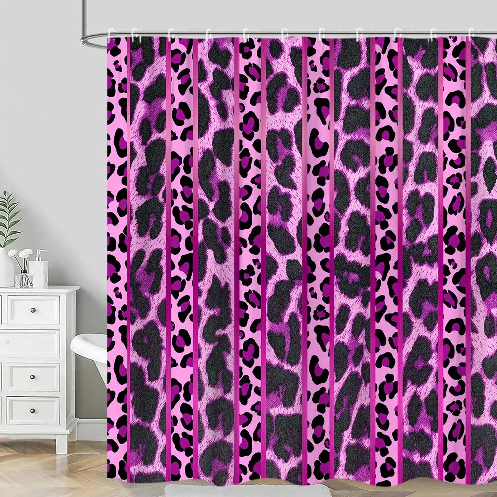 Leopard Textured Shower Curtain, Vintage Striped Brown Floral Creative Geometric Modern Plants Polyester Bathroom Decor Curtain