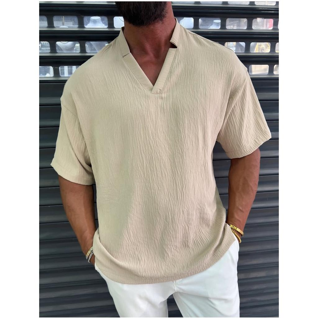 Men’s Short Sleeve V Neck Casual Loose Fit Shirt Lightweight Fabric Pullover Top for Everyday Wear