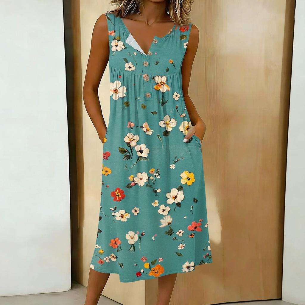 Women's Casual Sleeveless Button-down Mid-length Dress