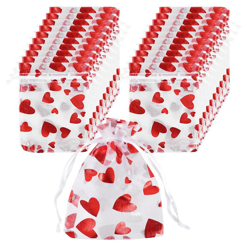 50 Stück Rote Liebesherz Organzabeutel Hochzeit Valentinstag Geschenk Süßigkeiten Kordelzugbeutel Schmuck-Ausstellungstaschen Geburtstagsparty Dekoration
