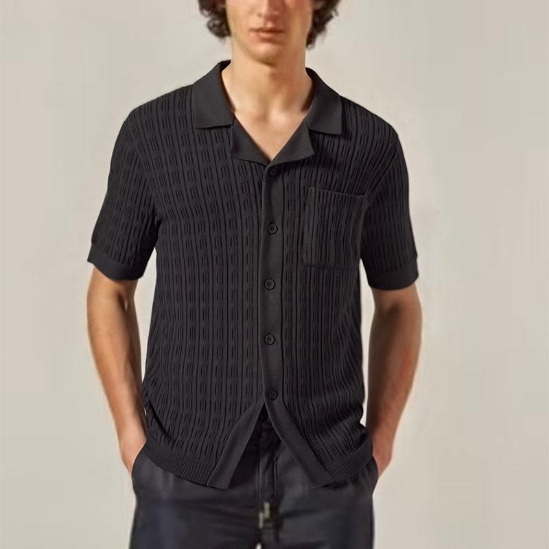 Men s Beige Hollow Knit Short Sleeve Cuban Collar Button Up Shirt S чёрный
