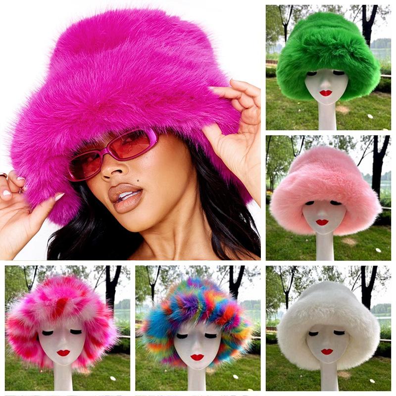 1ks Klobouk bucket pro ženy Hrubý plyšový Zimní Umělá kožešina Módní Rybářský klobouk Huňatý Luxusní