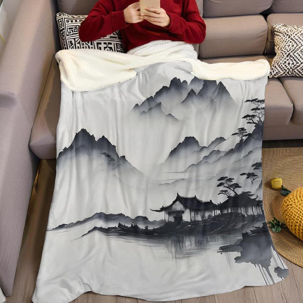 Ink Wash Mountain Villa Flannel Blanket Warm Soft Halloween Christmas Couch Warm Cozy Decorative Decor Gift for All Season