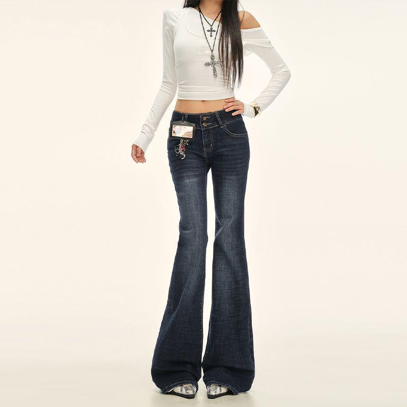 

Women s Retro Low-Waist Micro-Flare Jeans, Slimming Fit, With Embroidered Pockets and Versatile Bell Bottoms L сірий колір/синій