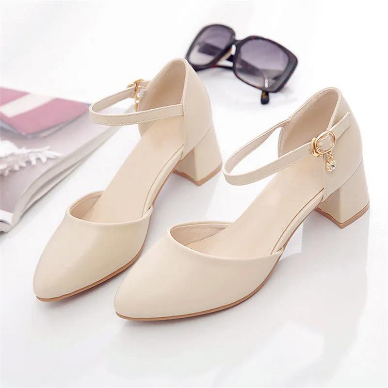 2025 New Summer Square Head One-word Buckle Bag Head Sandals Women's Summer Skirt Work Temperament Medium Heel High Heel Single Shoes