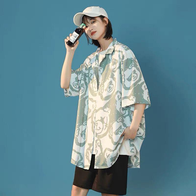 Women's Harajuku Blouse Korean Style Oversized Shirt Black Cool Chiffon Short Sleeve Button Up Tops Alt Clothes Fashion