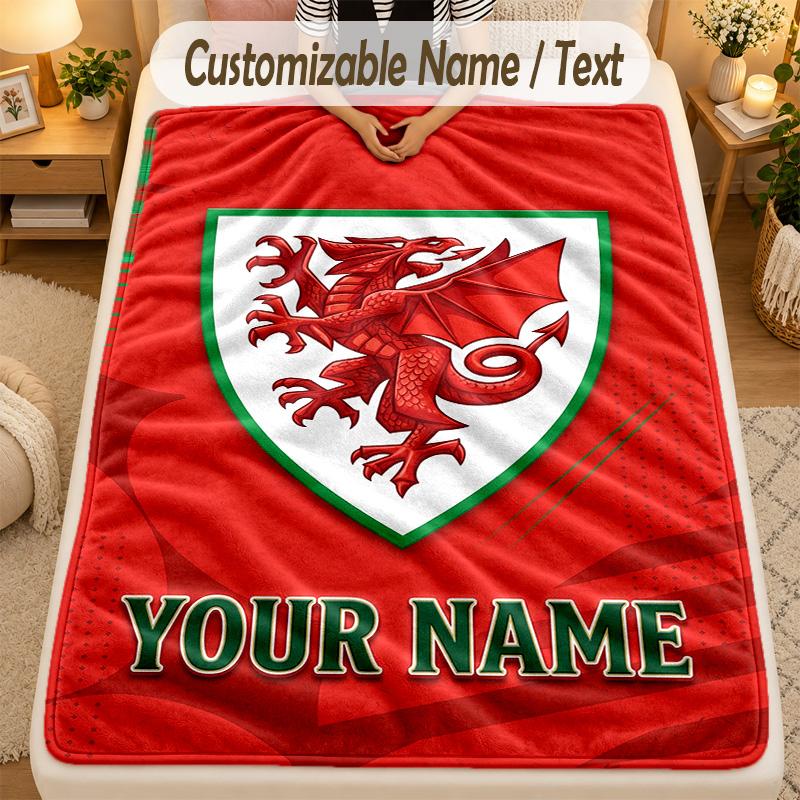 Flannel BlanketWales Rugby Custom Name Text Personalized Soft Warm Throw Blanket Home Decor Gift
