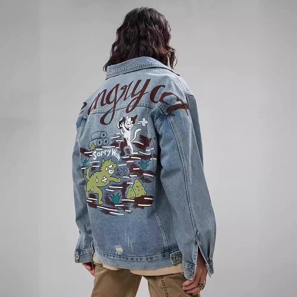 Spring Season Graffiti Denim Jacket Men'S American Trendy Brand Loose Lapel Casual Trend Retro Tooling Jacket