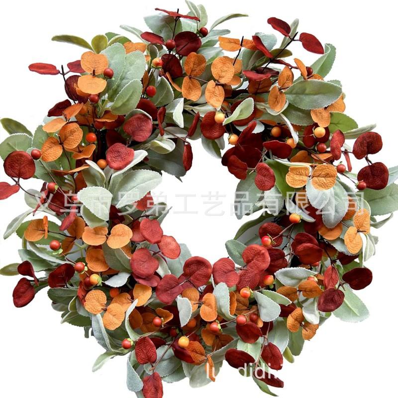 Harvest Wreath With Pumpkins Berries Vine Circle Halloween Thanksgiving Door Decor