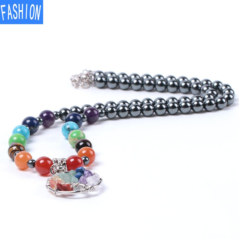 Hand Wound Tree Of Life Short Necklace Black Gallstone Beads Yoga Seven Chakras Natural Gem Necklace