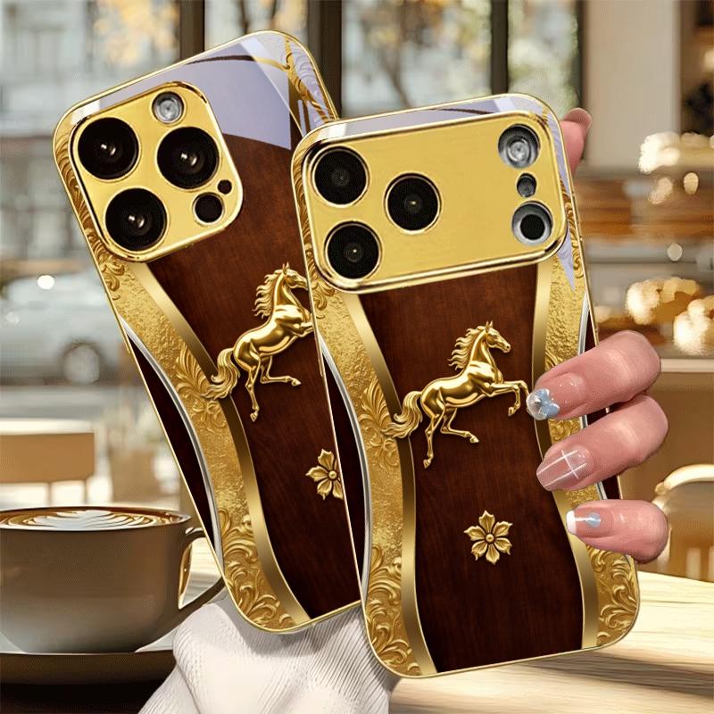 Luxury Gilded Stallion Electroplated Golden Phone Case For iPhone 17 16 15 14 13 12 11 Pro Max Plus 16E 17Air 7 8 Xs Back Cover