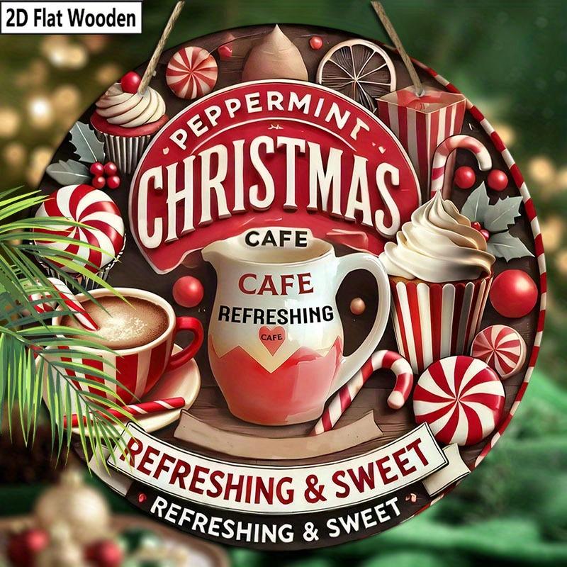 2D Flat 1pc Christmas Hot Drinks Wooden Sign Decoration, Round Embossed Effect Front Door Wall Decoration, Suitable for Home Office Decoration