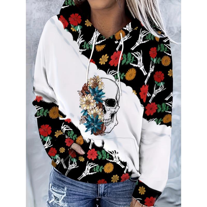 2025 Damenoberteile Herbst- und Winter-Hoodies Damen Lockerer Mexikanischer Tag der Toten Druck 3D-Druck Mode Lässiger Pullover-Hoodie