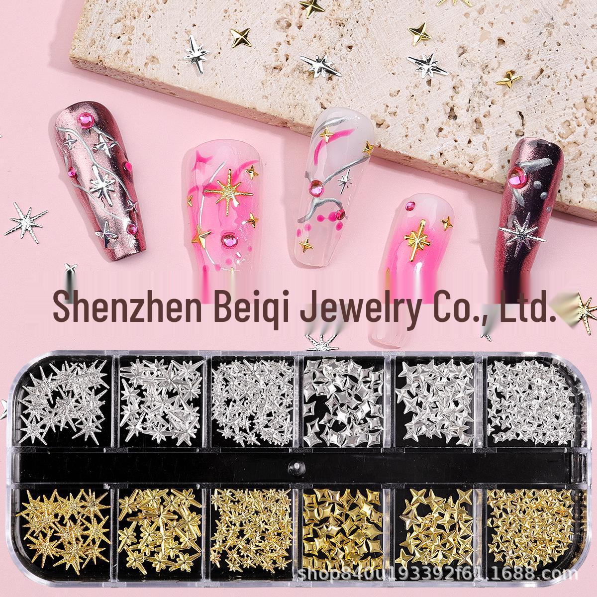 Two-Toned Gold & Silver 3D Starburst Nail Art Stickers - Stylish Metal Embossed Decoration