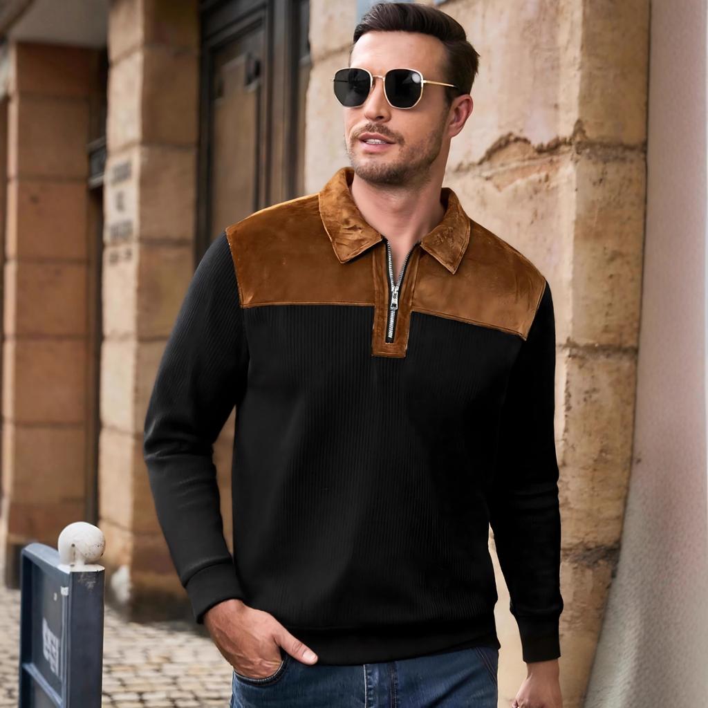 New Spring Autumn Casual Suede Polo Sweatshirt Men Stylish Knit Patchwork Textured Polo Shirts Mens Vintage Half-zip Lapel Jumper Tops