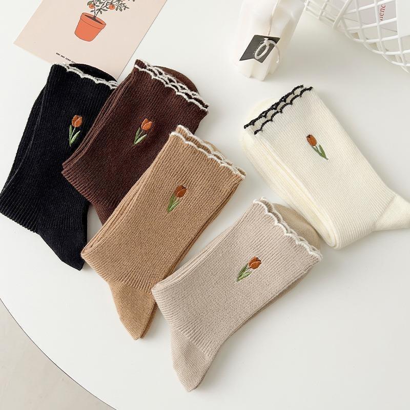 3 Pairs of Women's Socks Set Spring and Summer Thin Breathable Ruffle Edge Socks All Cotton Cute Women's White Printed Socks